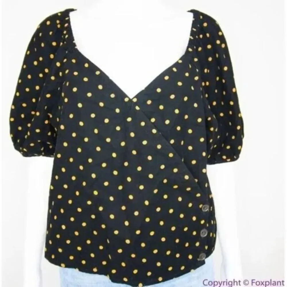 NWOT Madewell Corduroy Puff-Sleeve‎ Wrap Top in Oval Dot, 100% cotton, Black, M